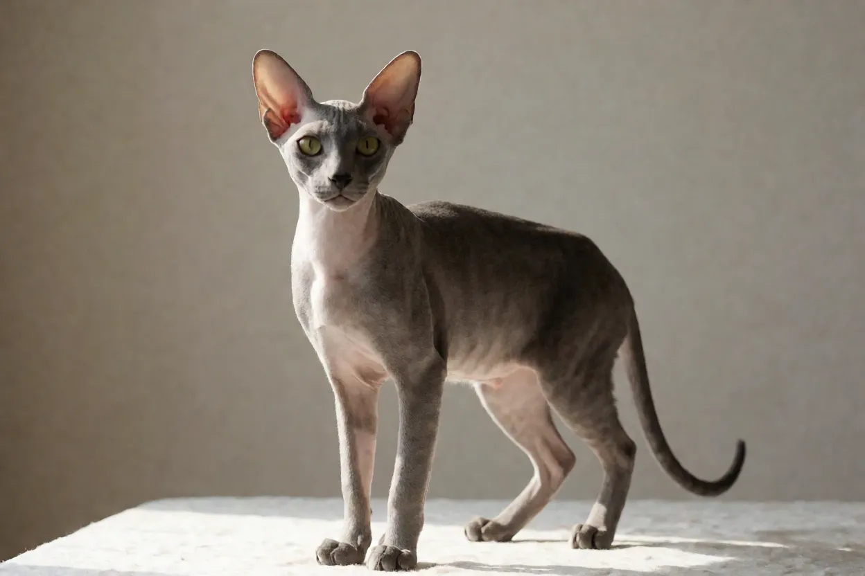 Gato Peterbald adulto de corpo inteiro em vista três quartos com pele nua e orelhas grandes