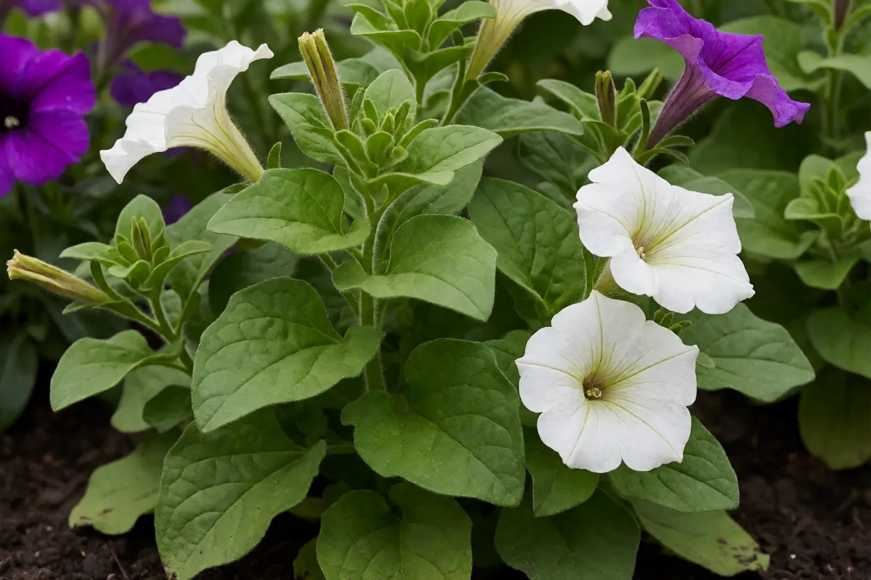 Folhas e flores de petúnia saudáveis sem sinais de pragas