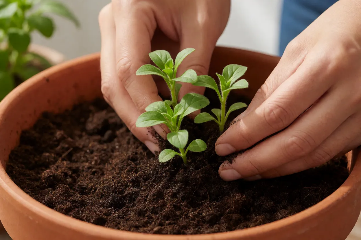 Plantio de mudas de petúnia em vaso com substrato