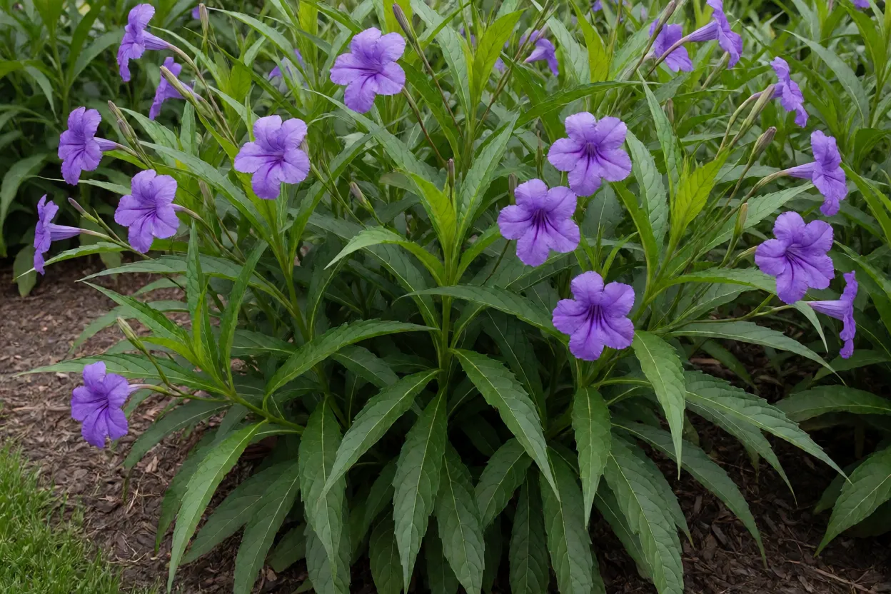 Petúnia-mexicana adulta florida em canteiro de jardim com flores roxas em trompete