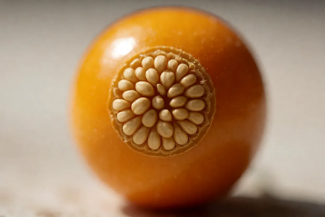Close-up de physalis sem capulho mostrando casca brilhante