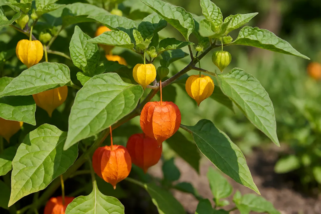 Pé de physalis com folhas, flores amarelas e frutos pendentes