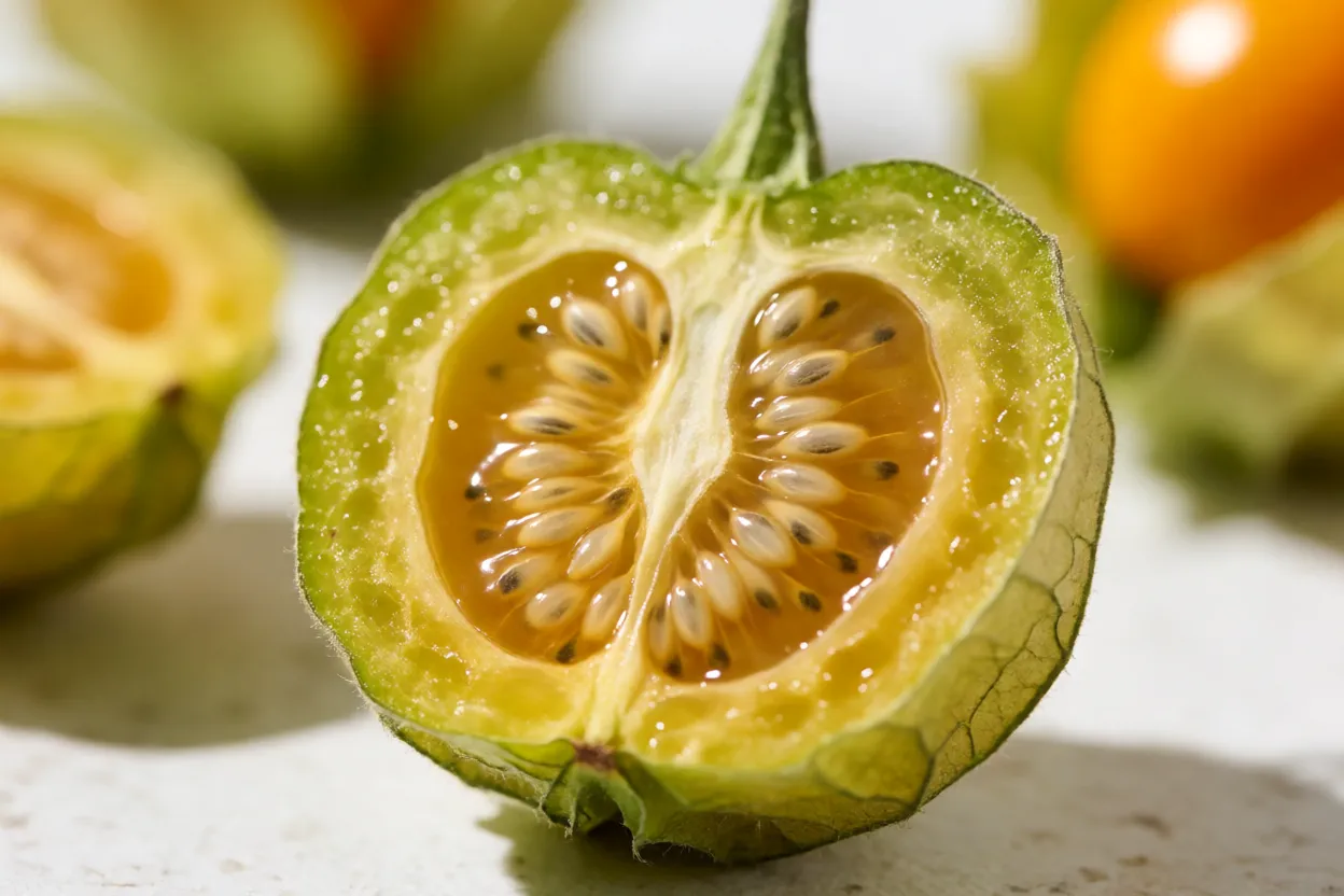 Physalis cortada ao meio mostrando polpa suculenta e sementes