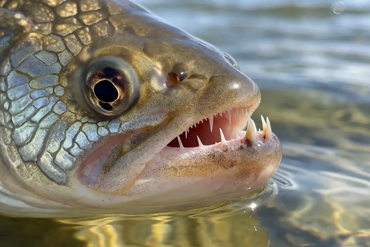 Close-up da cabeça e boca do piauçu com dentes incisivos