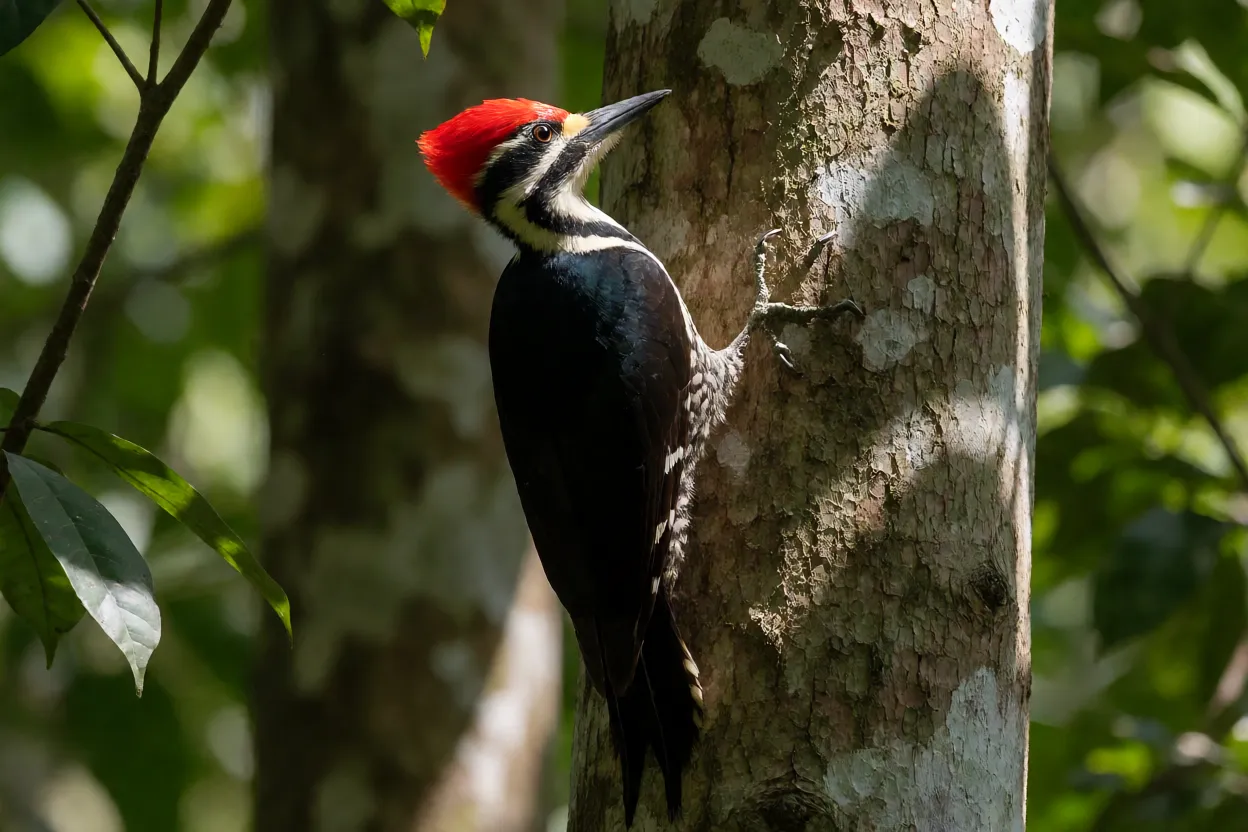 Pica-pau-de-banda-branca adulto pousado verticalmente em tronco