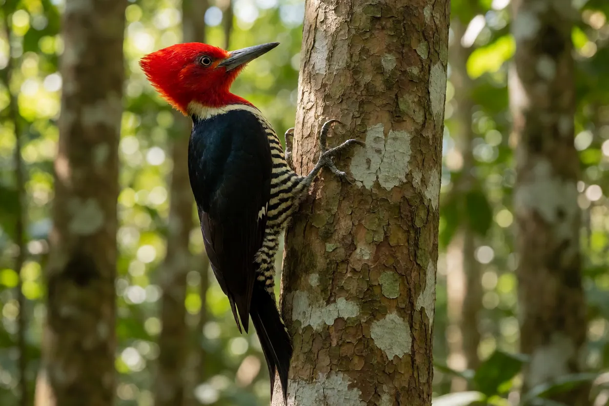 Pica-pau-de-topete-vermelho adulto pousado verticalmente em tronco na floresta amazônica