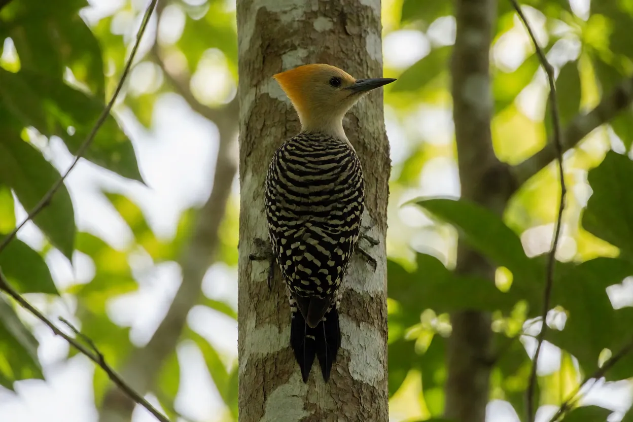 Pica-pau-louro adulto pousado na vertical em tronco na Mata Atlântica