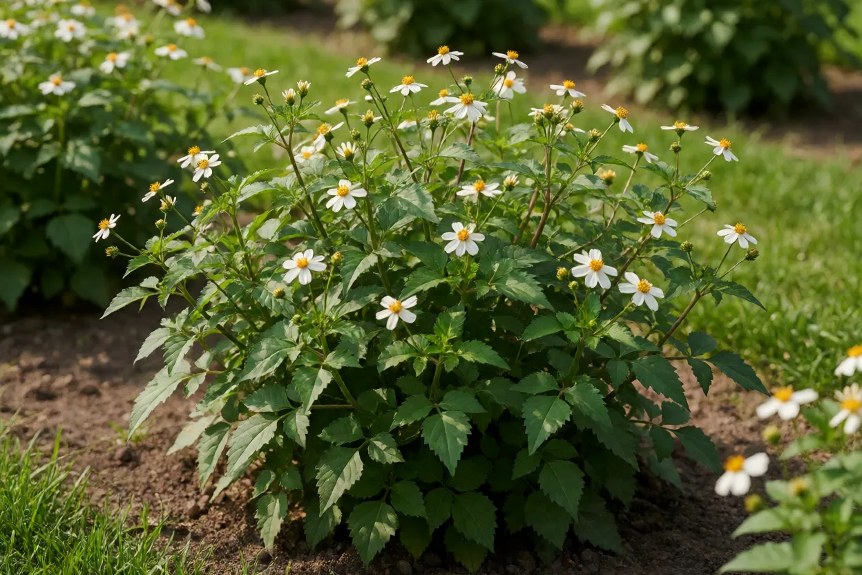 Picão-preto adulto com flores brancas e centro amarelo em canteiro de jardim