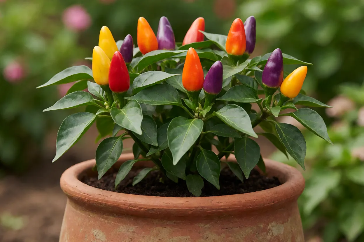 Pimenta ornamental em vaso de barro com frutos coloridos eretos