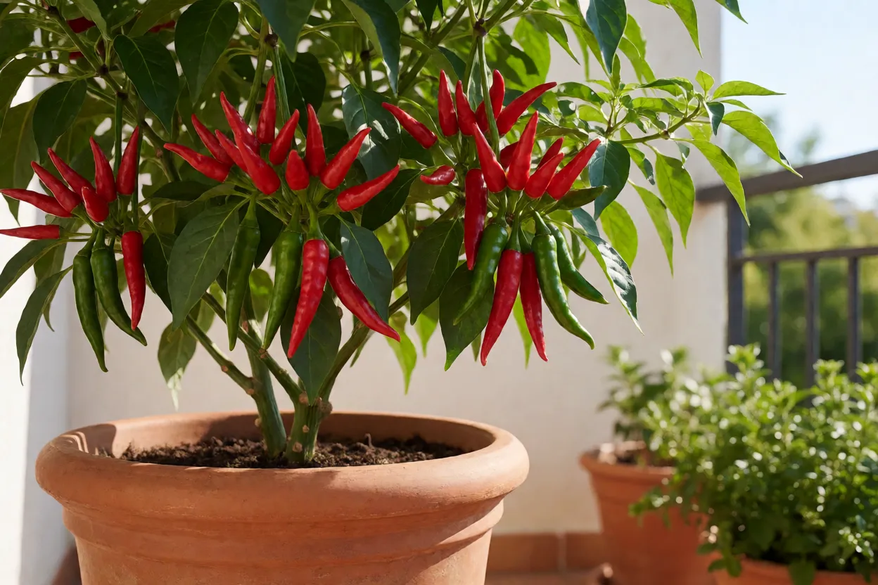 Pimenteira adulta com pimentas vermelhas e verdes em vaso grande na varanda ensolarada