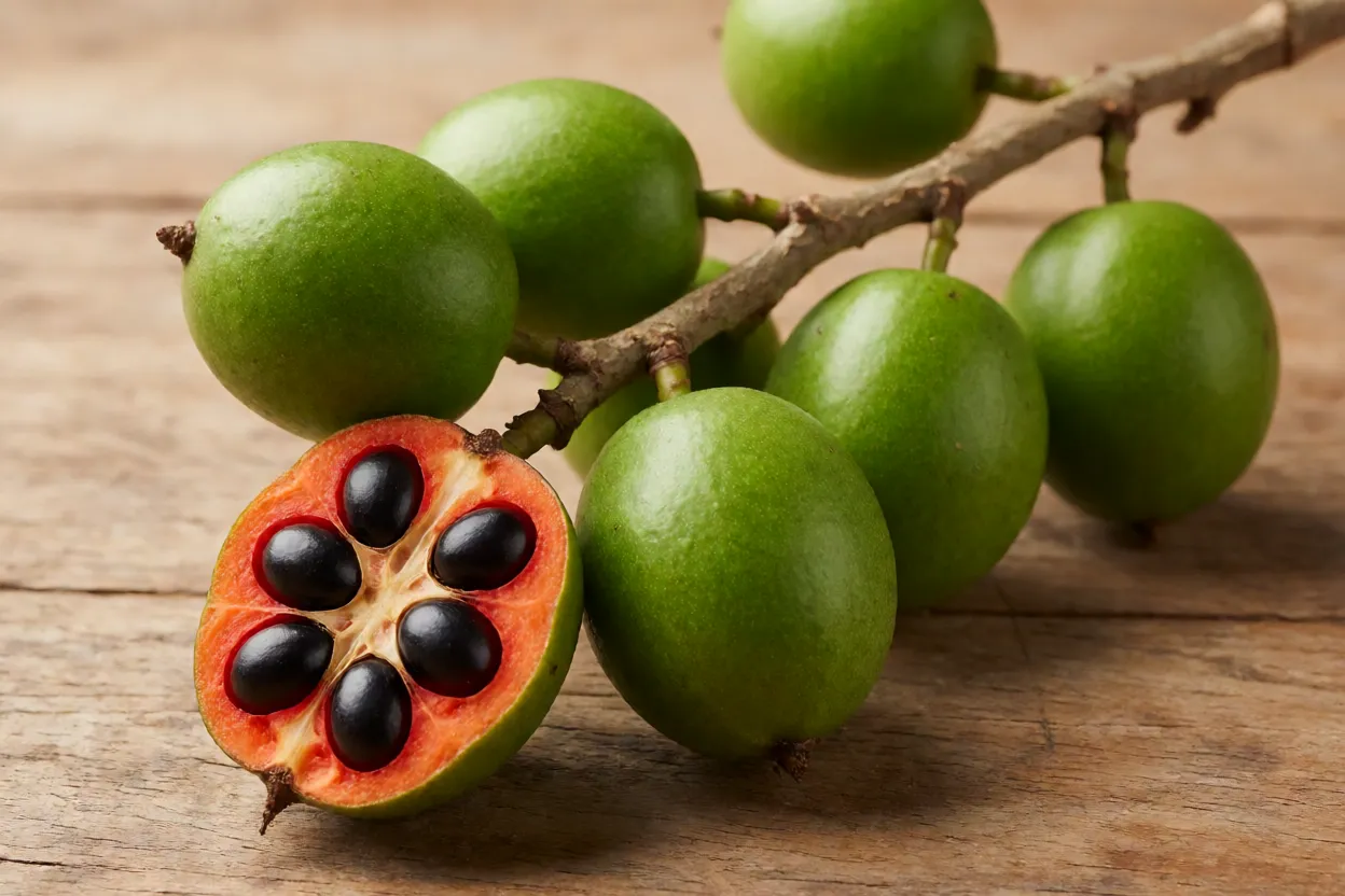 Frutos de pindaúva ou pindaíba inteiros e cortados mostrando sementes com arilo vermelho