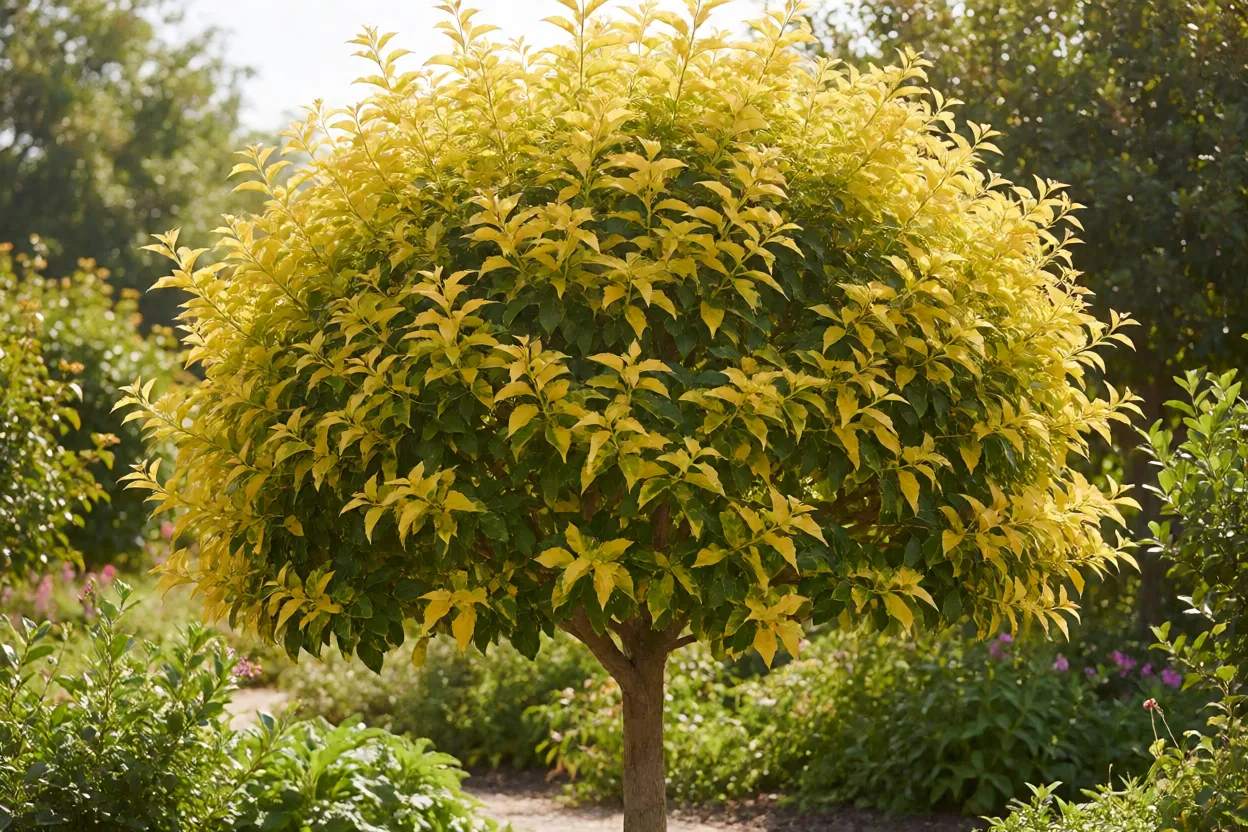 Pingo-de-ouro adulto como arvoreta com copa arredondada e folhagem amarelo-dourada no jardim