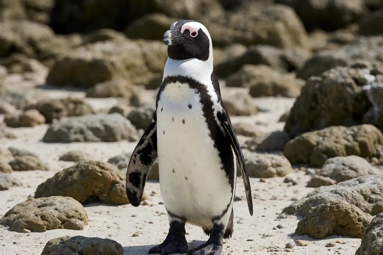 Pinguim-africano de corpo inteiro em pé em praia rochosa