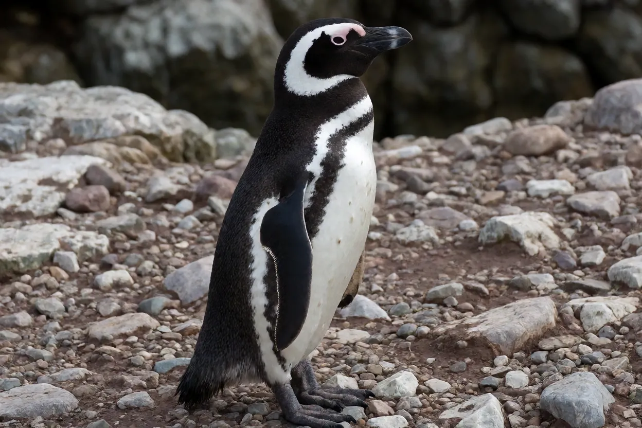 Pinguim-de-magalhães adulto em pé sobre rochas na costa da Patagônia