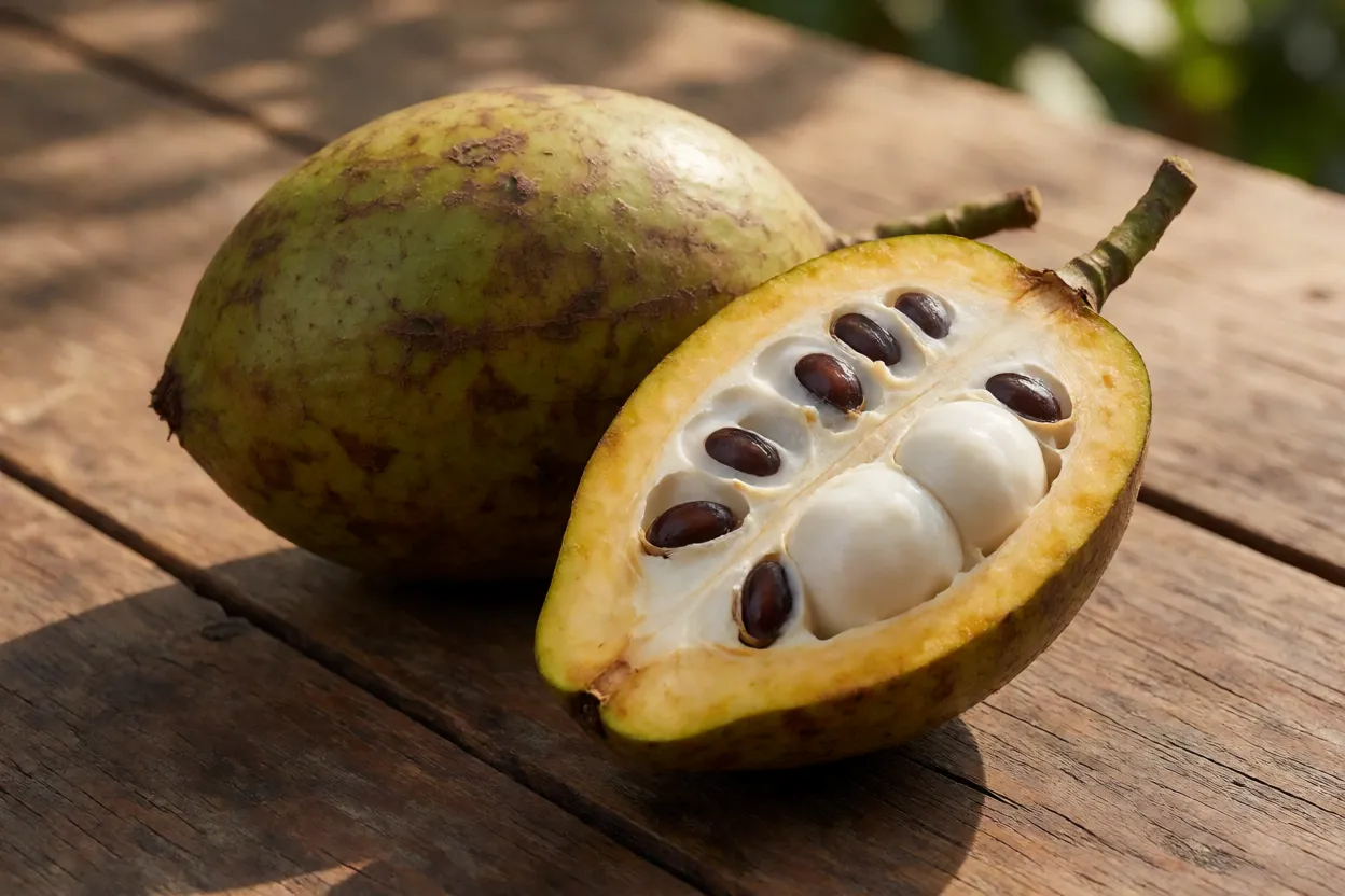 Frutos de pinha-do-brejo inteiros e cortado mostrando polpa creme e sementes