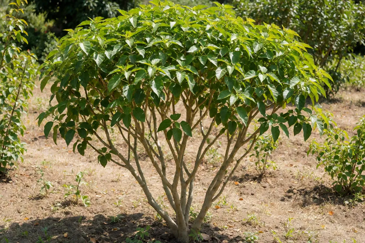 Pinhão-manso adulto de 4 metros em jardim ensolarado e seco