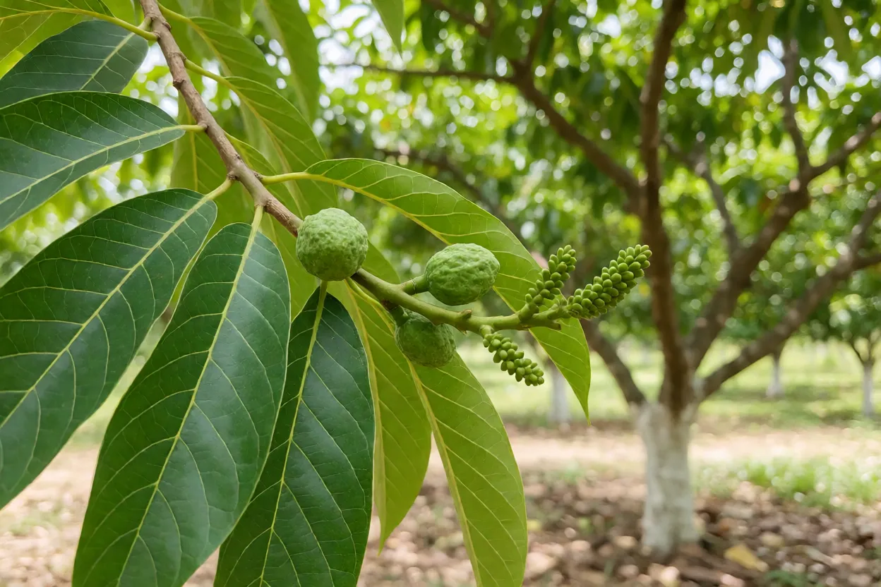 Folhas e frutos jovens da pinheira em desenvolvimento
