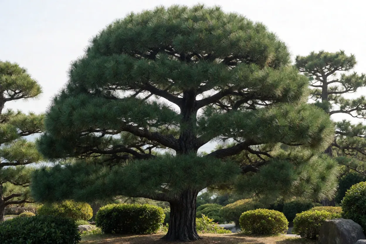 Pinheiro-negro-japonês Pinheiro-negro-japonês adulto com tronco de casca preta fissurada e copa densa