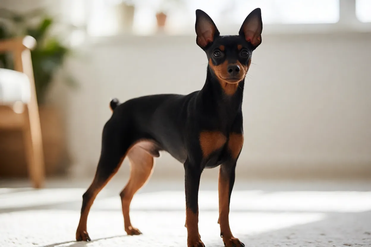 Pinscher: tamanhos, personalidade e como cuidar da raça Pinscher Miniatura em pose alerta com pelo brilhante