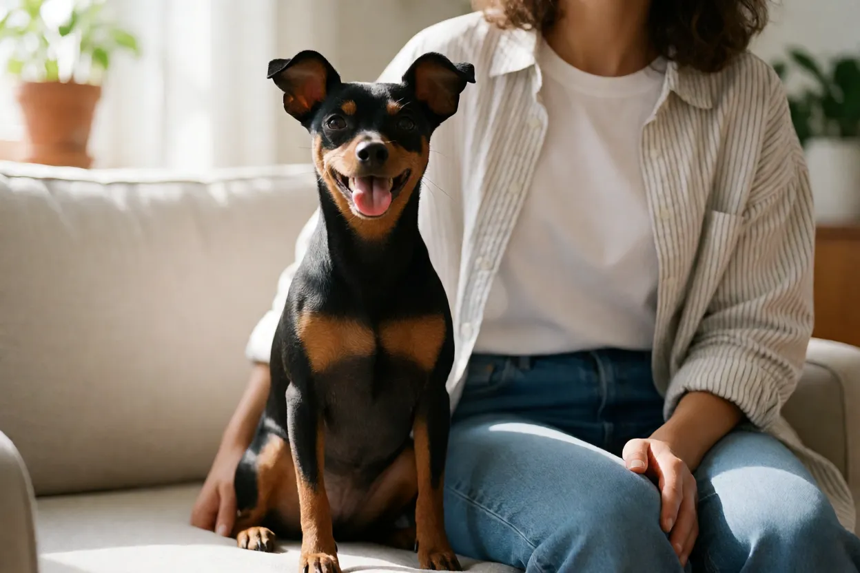 Pinscher: tamanhos, personalidade e como cuidar da raça Pinscher feliz ao lado do tutor