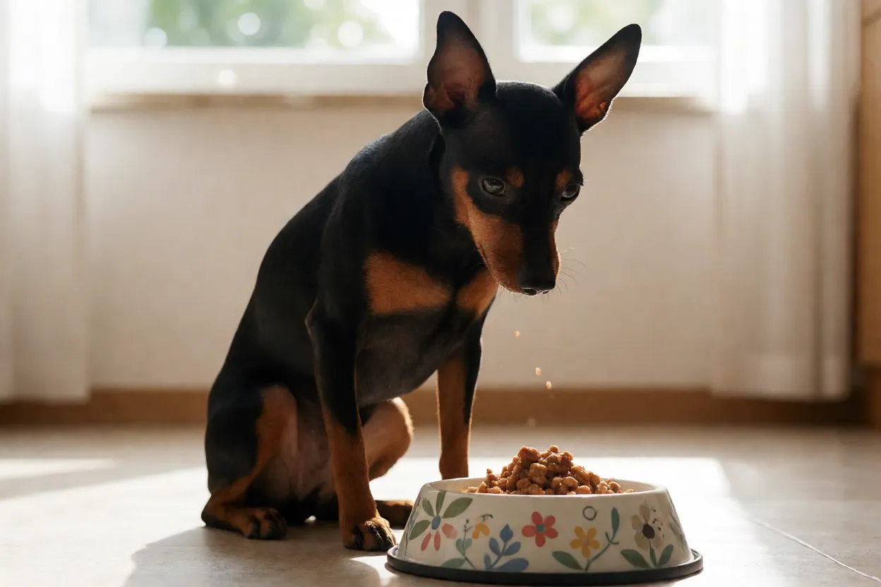 Pinscher: tamanhos, personalidade e como cuidar da raça Pinscher comendo ração em tigela baixa