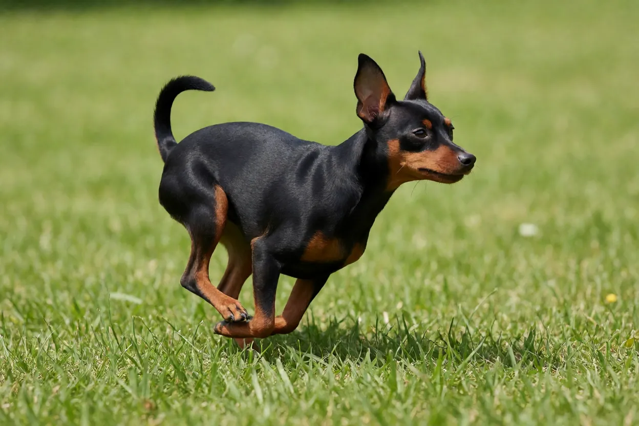 Pinscher: tamanhos, personalidade e como cuidar da raça Pinscher correndo em gramado