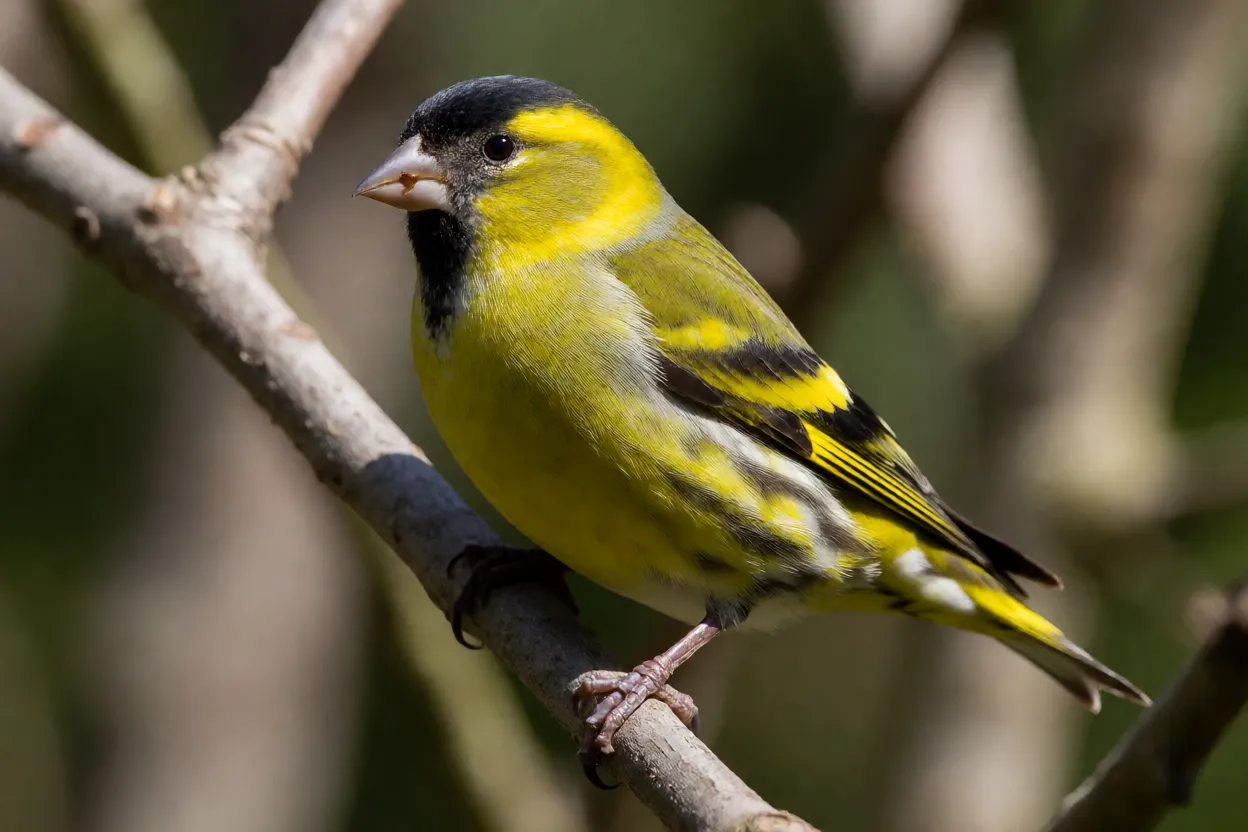 Pintassilgo macho adulto com capuz preto e peito amarelo pousado em galho fino
