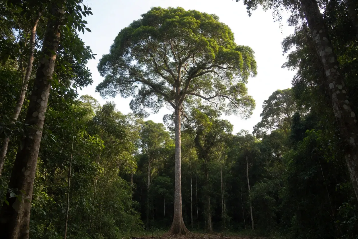 Árvore adulta de piquiá emergente na floresta amazônica com tronco reto e copa ampla