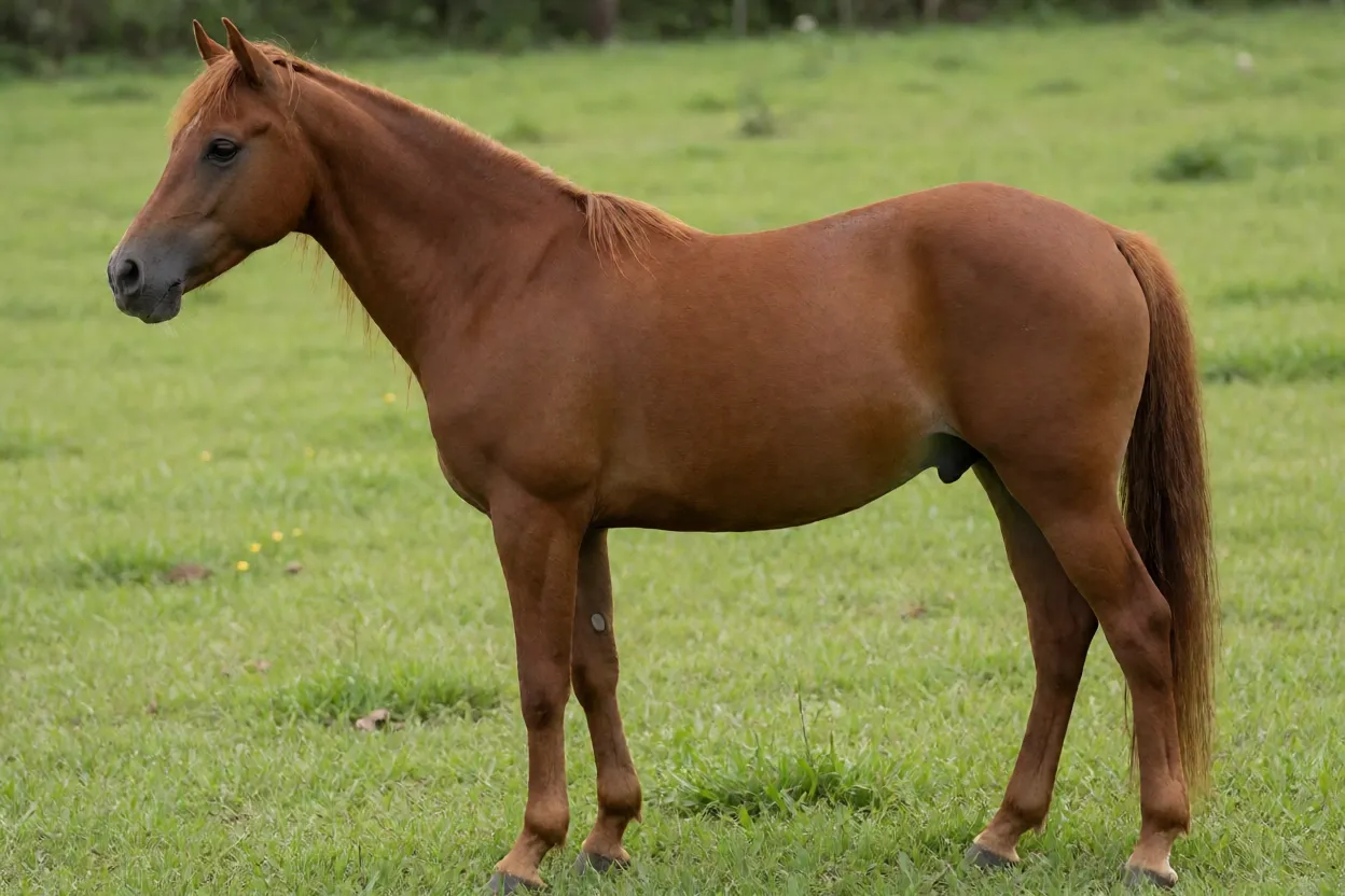 Cavalo Piquira adulto castanho em perfil na pastagem, mostrando porte pequeno