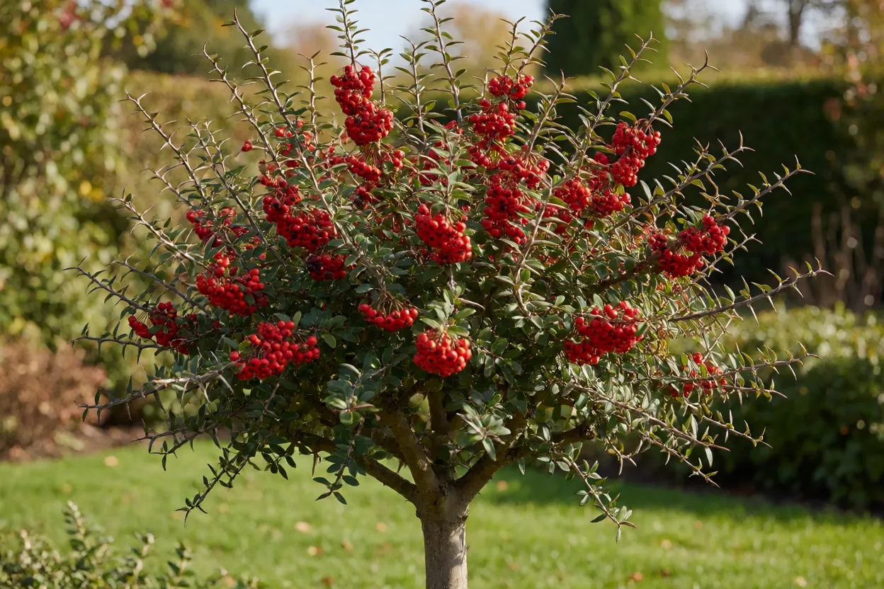 Piracanta adulta com copa densa e frutos vermelhos no jardim