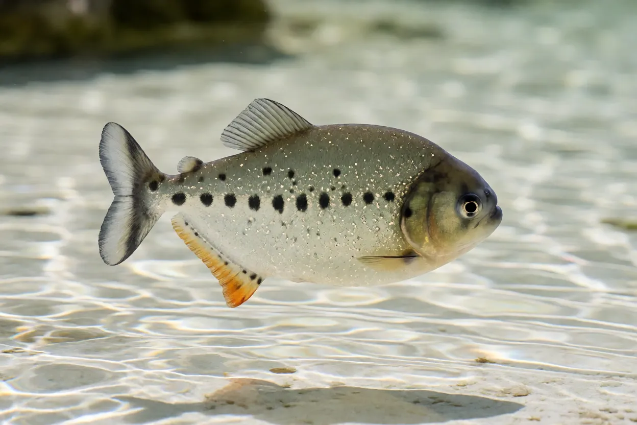Filhote de piranha-vermelha prateado com pintas escuras