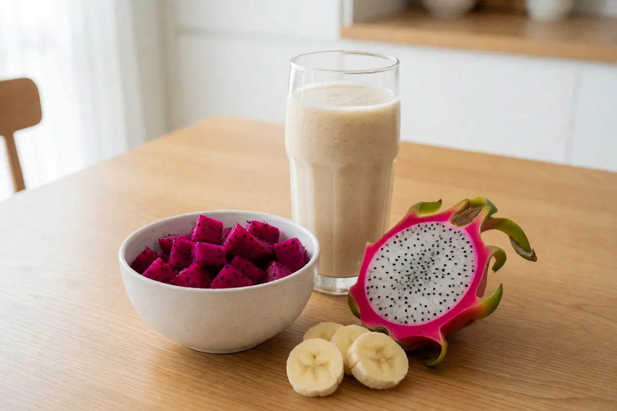 Tigela com cubos de pitaia e smoothie rosa de pitaia vermelha