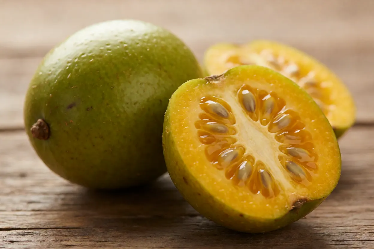 Frutos de pitangatuba inteiros e cortado ao meio mostrando polpa amarela