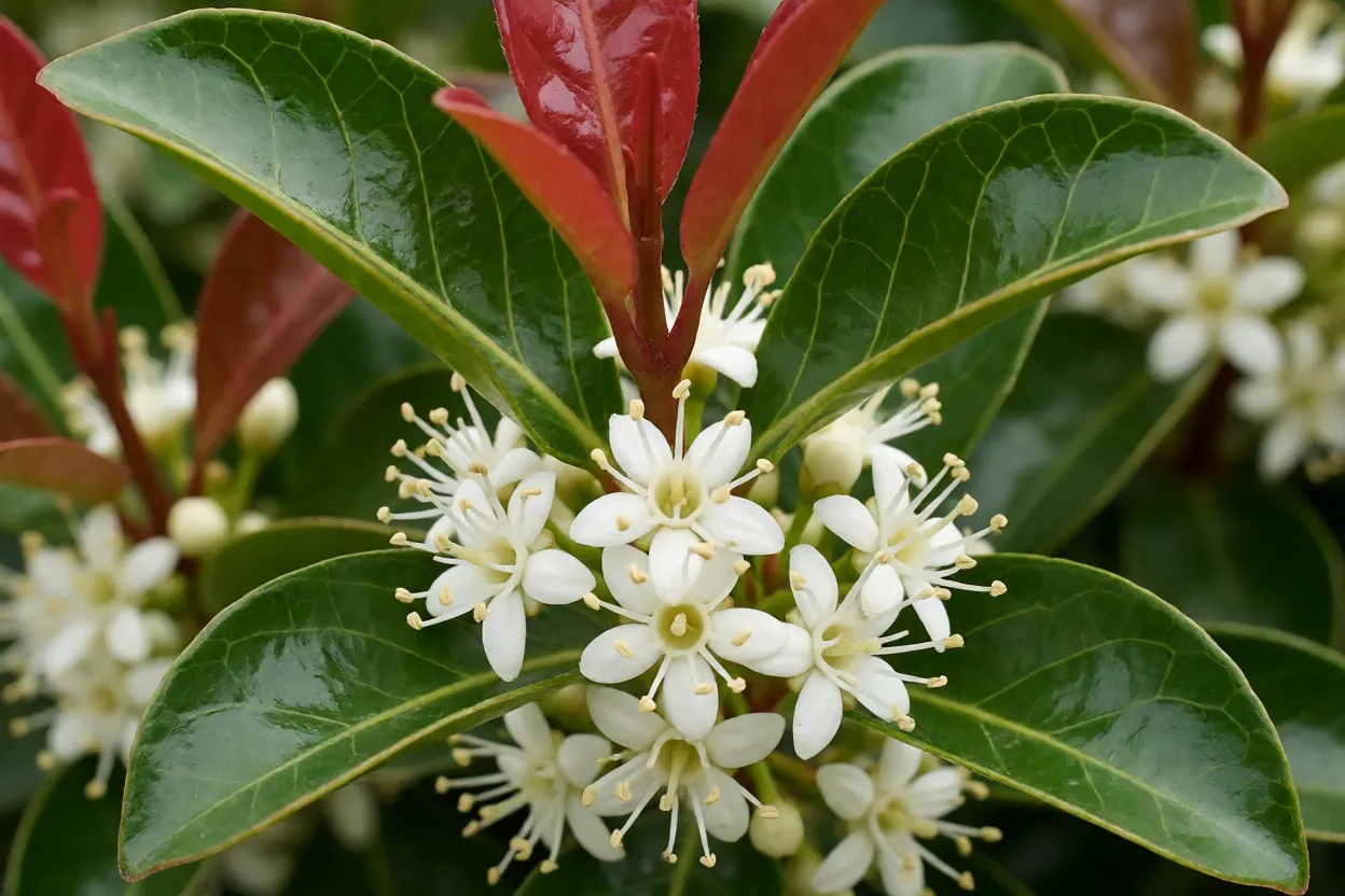 Folhas e flores brancas da pitangueira em detalhe