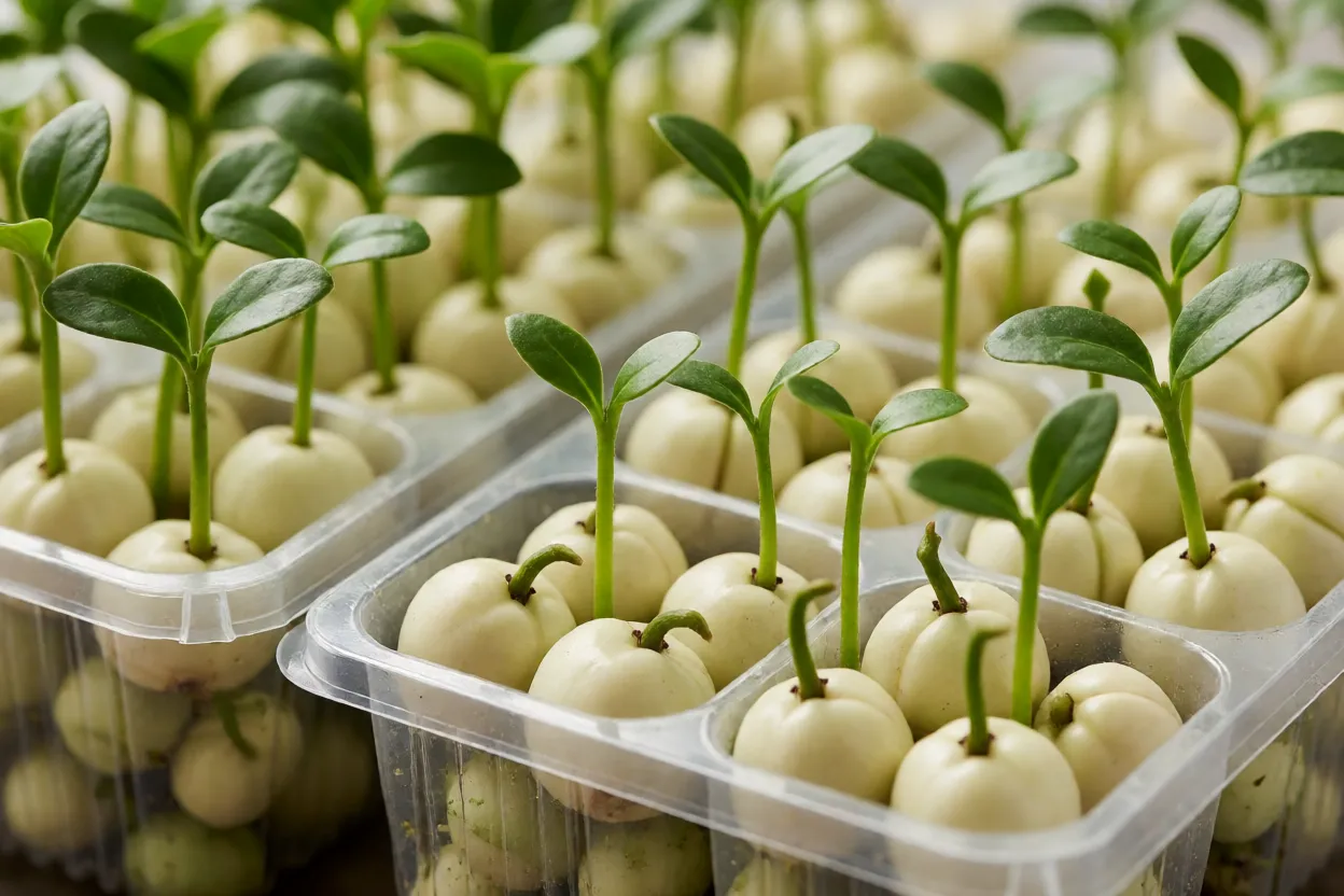 Sementes de pitanga e mudas jovens germinando