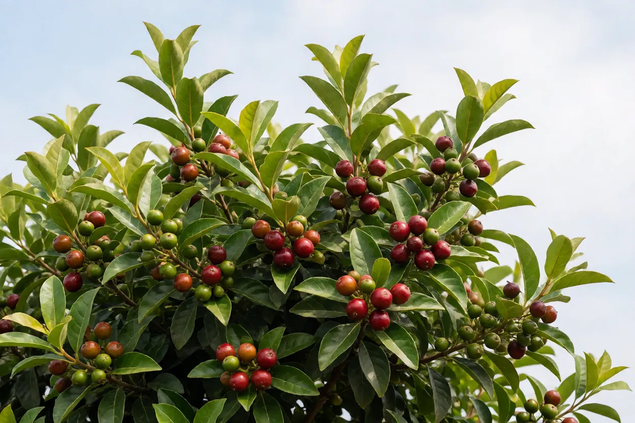 Pitangueira saud&aacute;vel em pleno sol com frutos em diferentes est&aacute;gios