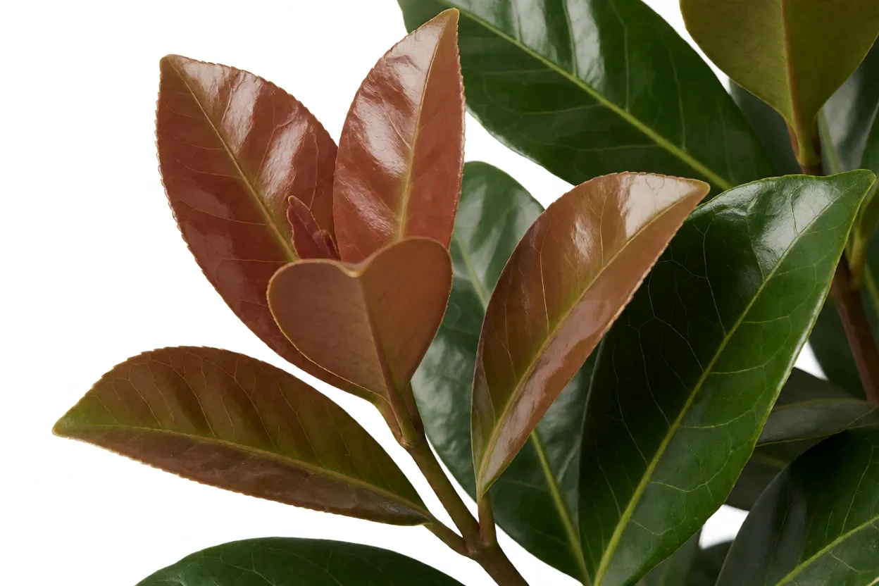 Folhas novas bronze-avermelhadas e folhas maduras verdes da pitangueira