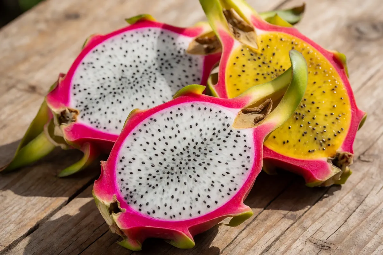 Frutos de pitaya cortados mostrando polpas branca, vermelha e amarela