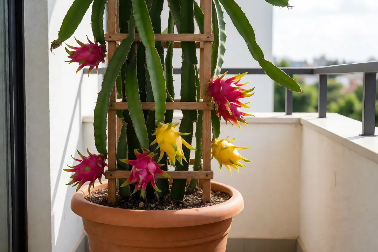 Pitaya cultivada em vaso grande em varanda ensolarada