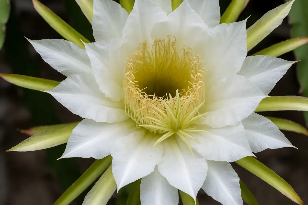 Pitaya: tipos, cores dos frutos, cultivo e como fazer a planta produzir Flor de pitaya aberta à noite com estames e estigma visíveis