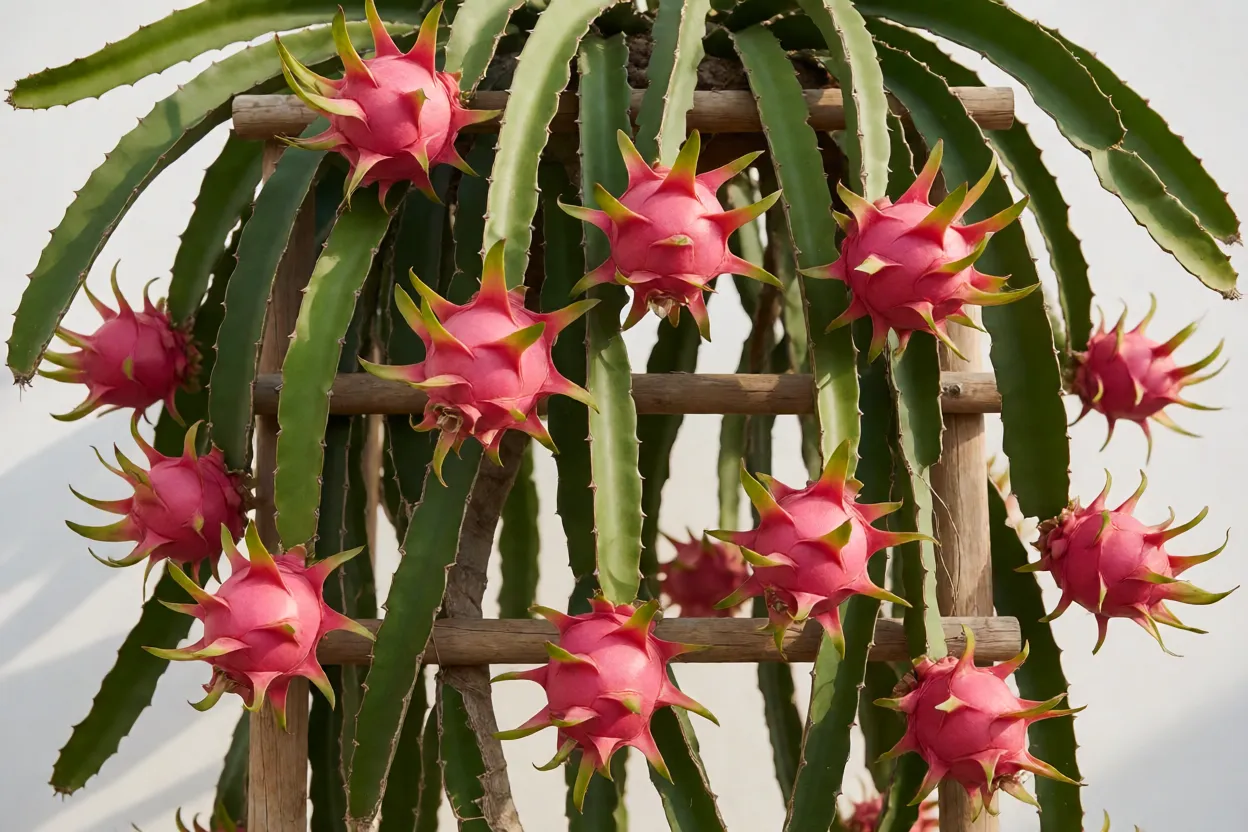 Pitaya: tipos, cores dos frutos, cultivo e como fazer a planta produzir Pitaya em produção com vários frutos maduros no tutor