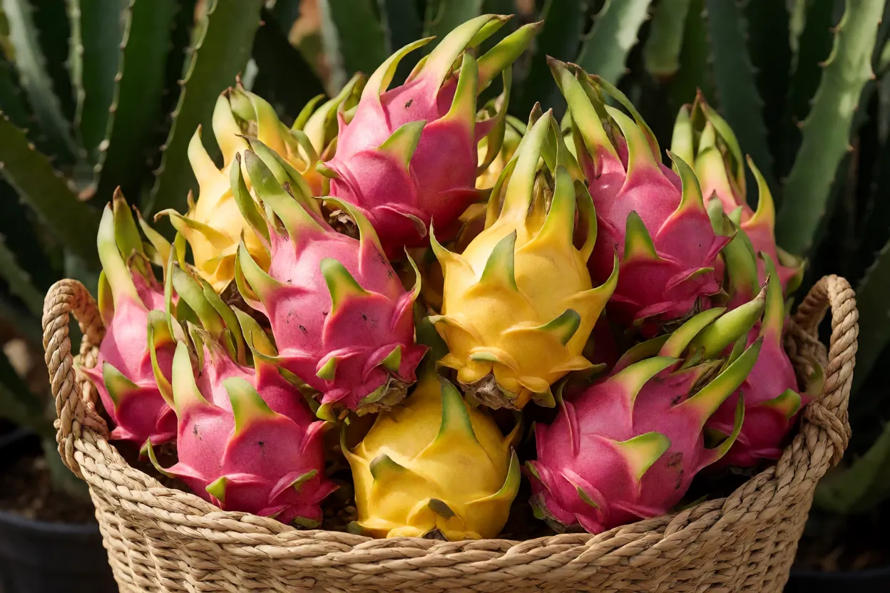 Pitaya: tipos, cores dos frutos, cultivo e como fazer a planta produzir Cesta com pitayas maduras de diferentes cores