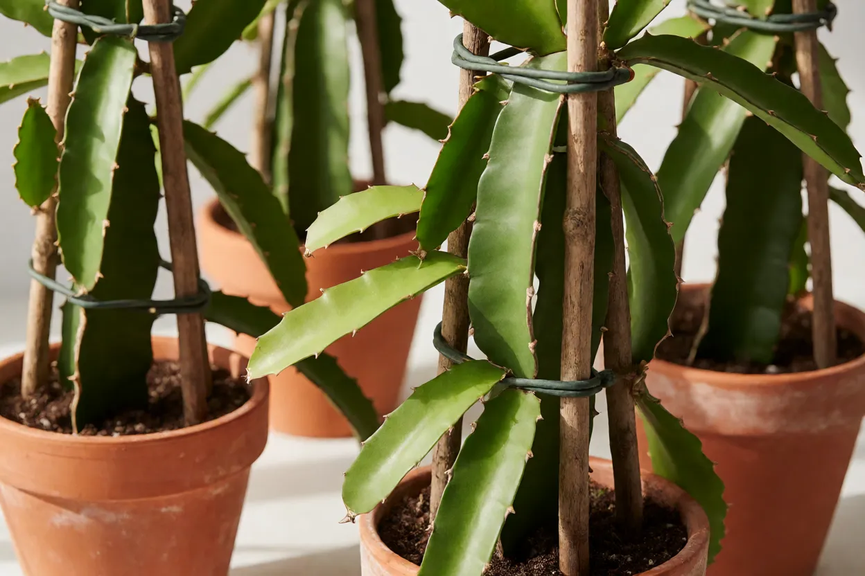 Pitaya: tipos, cores dos frutos, cultivo e como fazer a planta produzir Mudas de pitaya em vasos com tutores de madeira