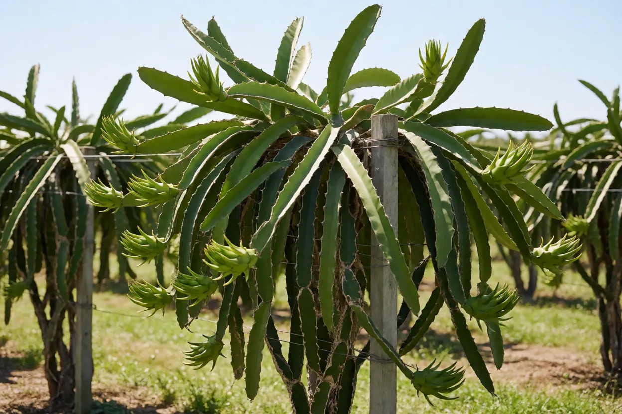 Pitaya: tipos, cores dos frutos, cultivo e como fazer a planta produzir Pitaya adulta recebendo sol pleno em pomar