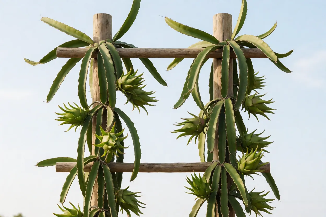 Pitaya: tipos, cores dos frutos, cultivo e como fazer a planta produzir Sistema de tutoramento com poste e cruzeta para pitaya