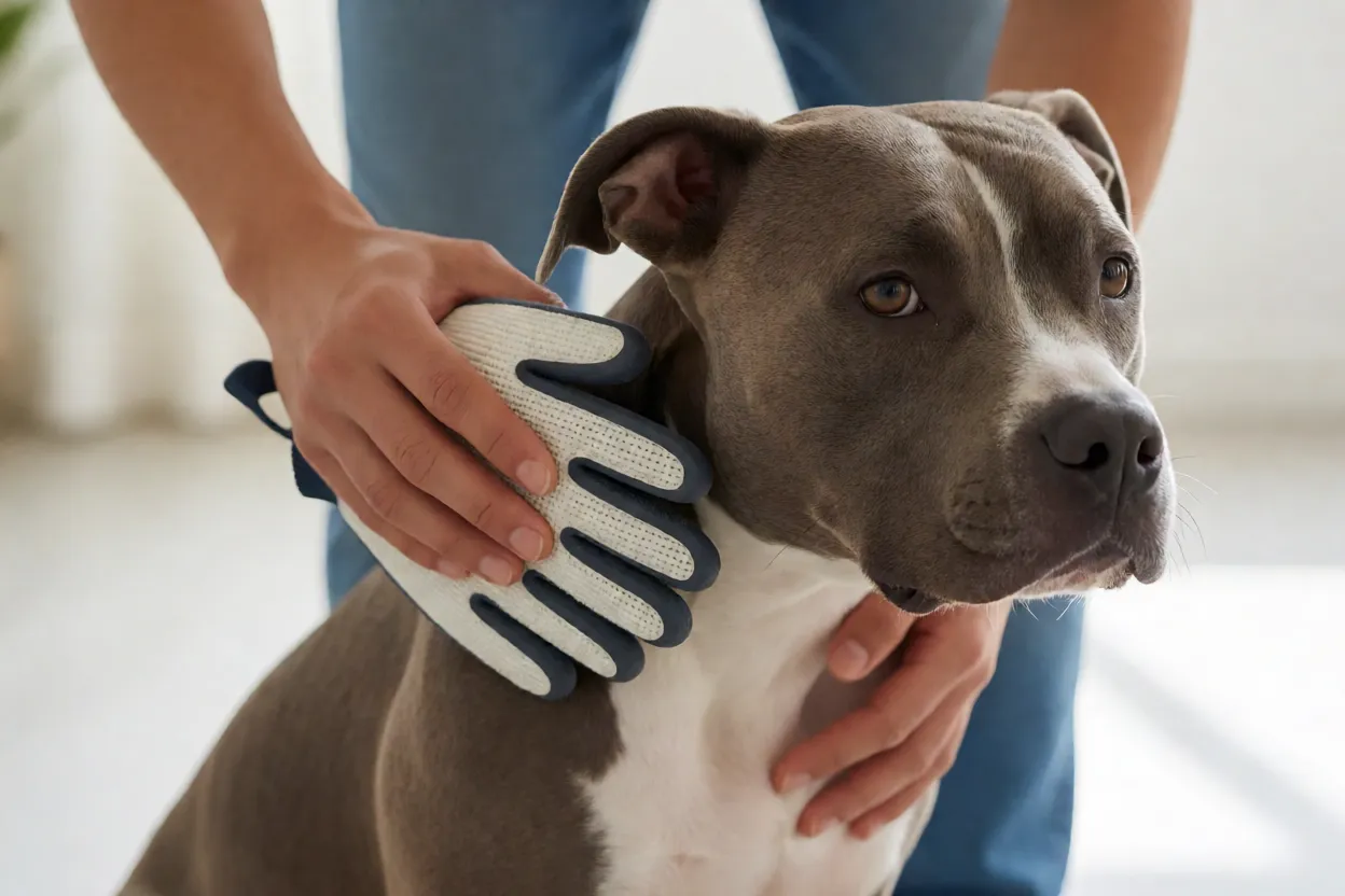 M&atilde;os escovando a pelagem curta de um Pitbull com luva de borracha