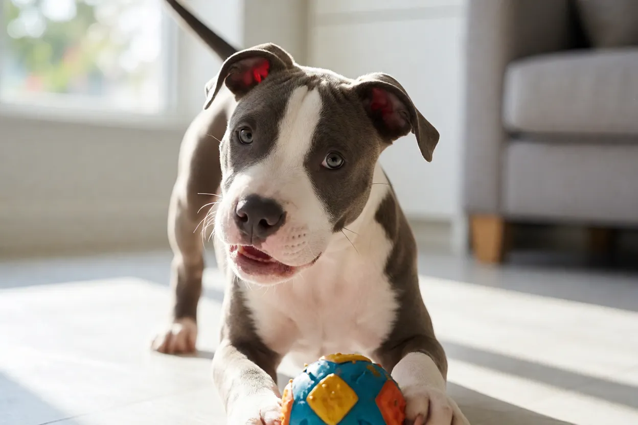 Filhote de Pitbull brincando com brinquedo em ambiente limpo
