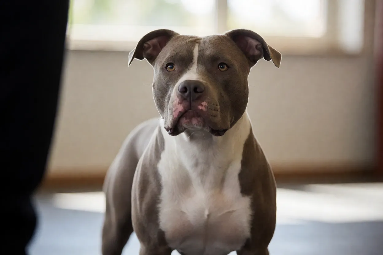 Pitbull em sess&atilde;o de treino de obedi&ecirc;ncia olhando para o tutor