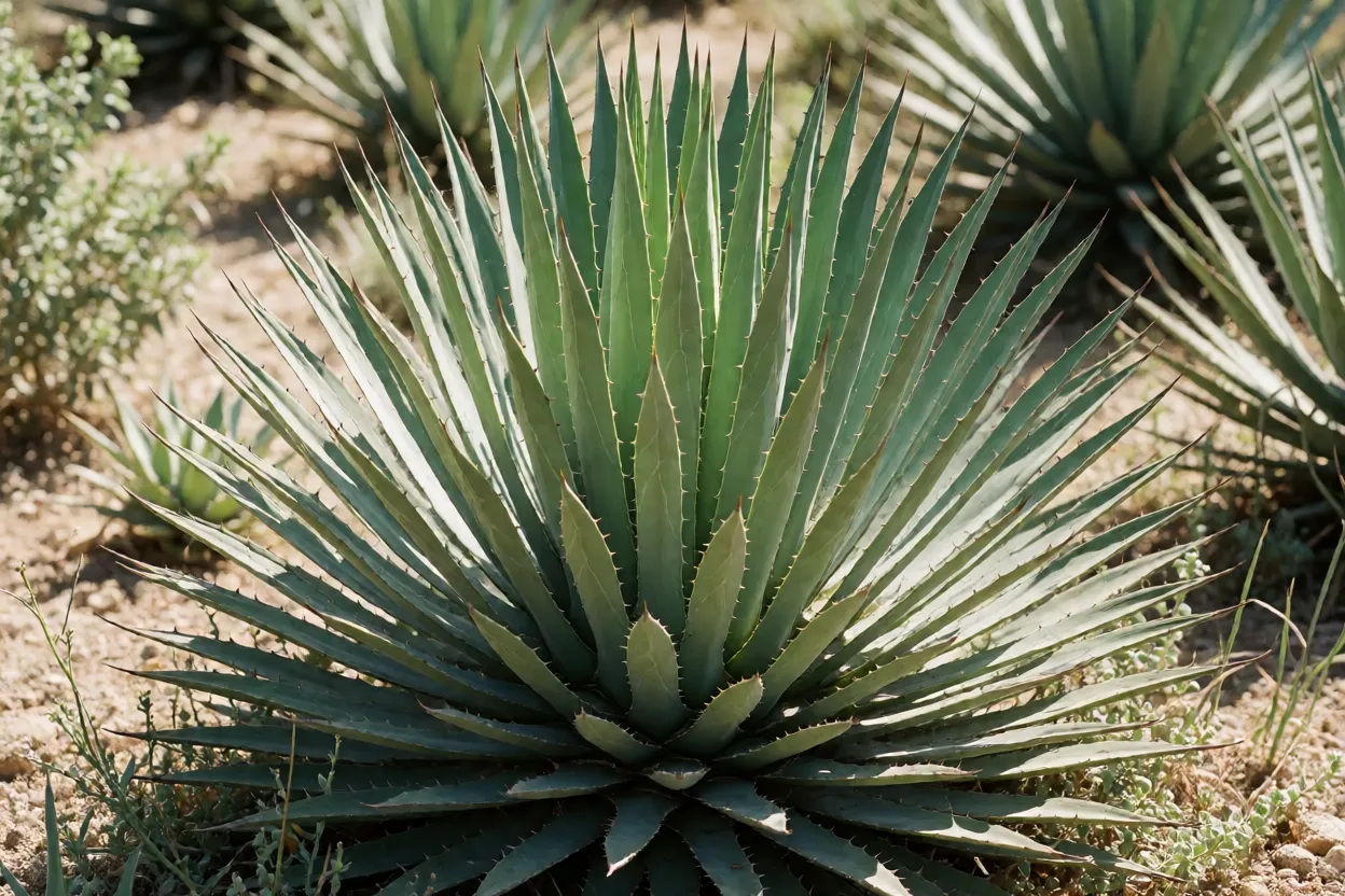 Piteira-do-caribe adulta com roseta grande de folhas estreitas e espinhosas em jardim de sol pleno