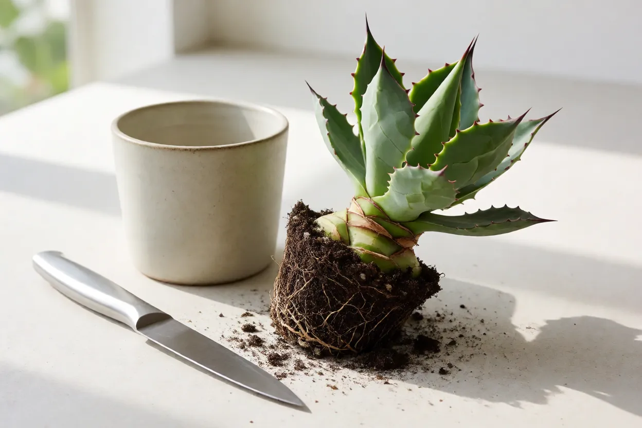 Filhote de agave separado da planta-m&atilde;e com ra&iacute;zes expostas